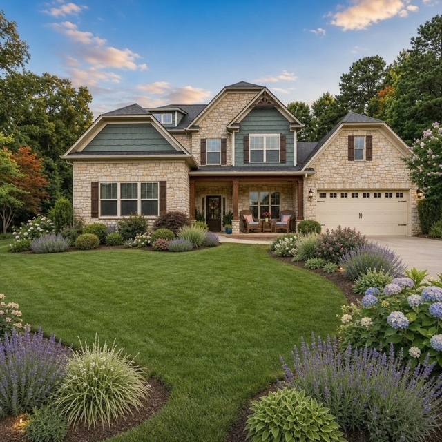 Elegant brick estate home with manicured lawn representing the Charlotte-area real estate experience